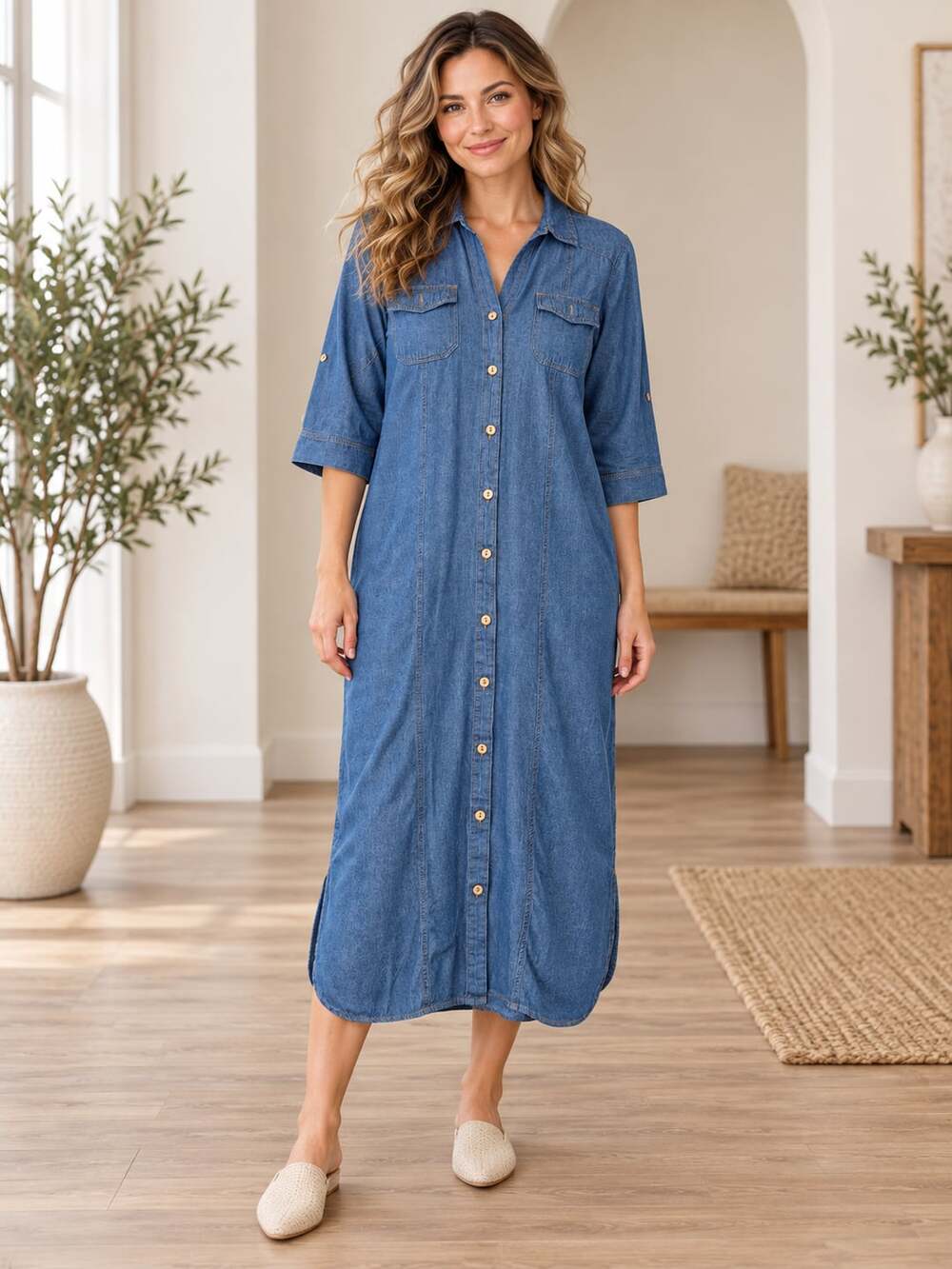 J Gee Denim Maxi Shirt Dress Blue Button Front Roll Tab Sleeve Cotton M